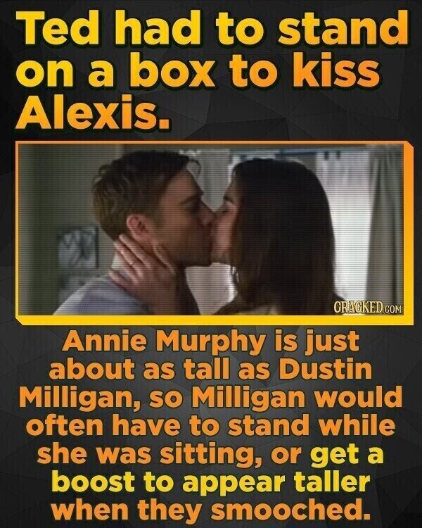 Ted had to stand on a box to kiss Alexis. CRACKED.COM Annie Murphy is just about as tall as Dustin Milligan, so Milligan would often have to stand while she was sitting, or get a boost to appear taller when they smooched.