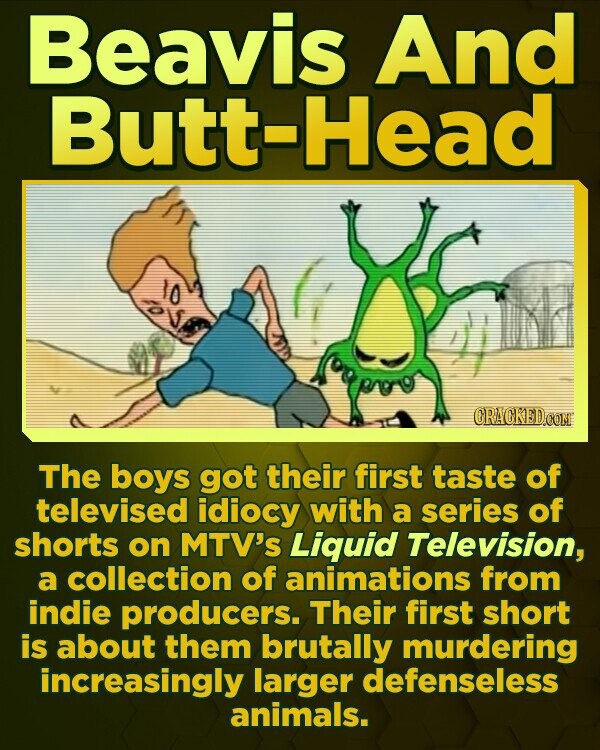Beavis And Butt-Head CRACKED O The boys got their first taste of televised idiocy with a series of shorts on MTV's Liquid Television, a collection of animations from indie producers. Their first short is about them brutally murdering increasingly larger defenseless animals. 