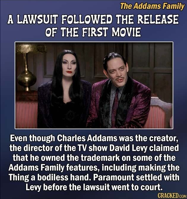 The Addams Family A LAWSUIT FOLLOWED THE RELEASE OF THE FIRST MOVIE Even though Charles Addams was the creator, the director of the TV show David Levy claimed that he owned the trademark on some of the Addams Family features, including making the Thing a bodiless hand. Paramount settled with Levy before the lawsuit went to court. CRACKED.COM