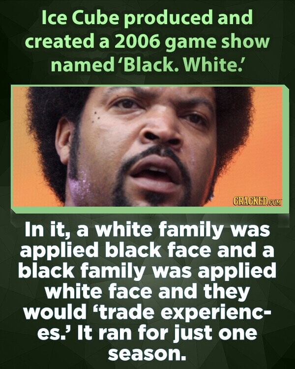 Ice Cube produced and created a 2006 game show named 'Black. White.' CRACKED.COM In it, a white family was applied black face and a black family was applied white face and they would 'trade experienc- es.' It ran for just one season.