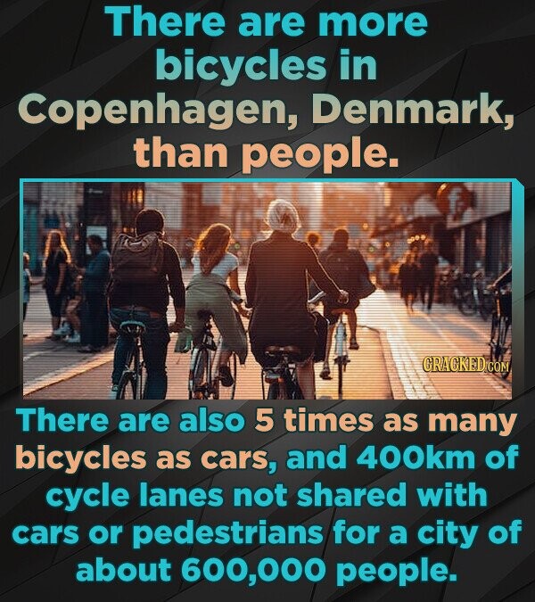 There are more bicycles in Copenhagen, Denmark, than people. GRACKED.COM There are also 5 times as many bicycles as cars, and 400km of cycle lanes not shared with cars or pedestrians for a city of about 600,000 people.