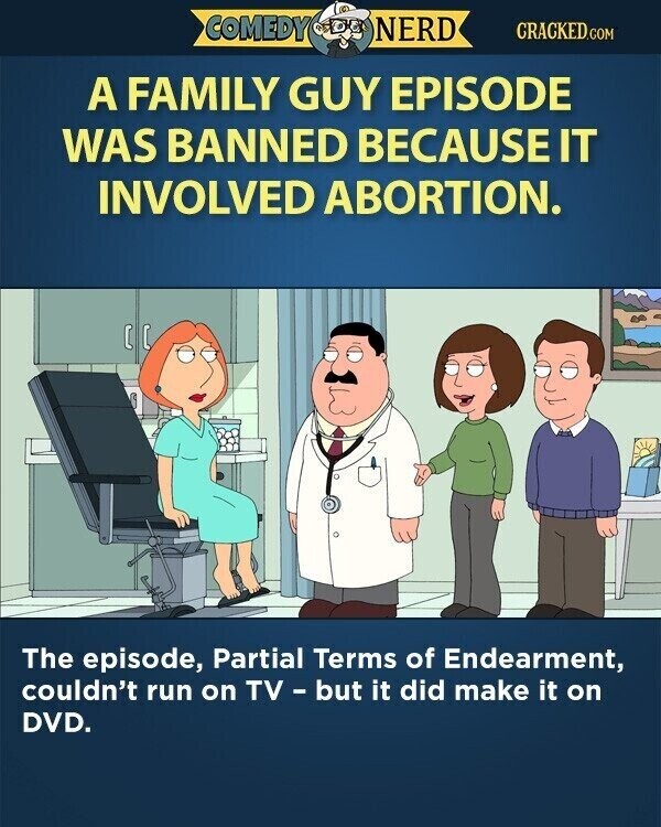 COMEDY NERD CRACKED.COM A FAMILY GUY EPISODE WAS BANNED BECAUSE IT INVOLVED ABORTION. The episode, Partial Terms of Endearment, couldn't run on TV - but it did make it on DVD.