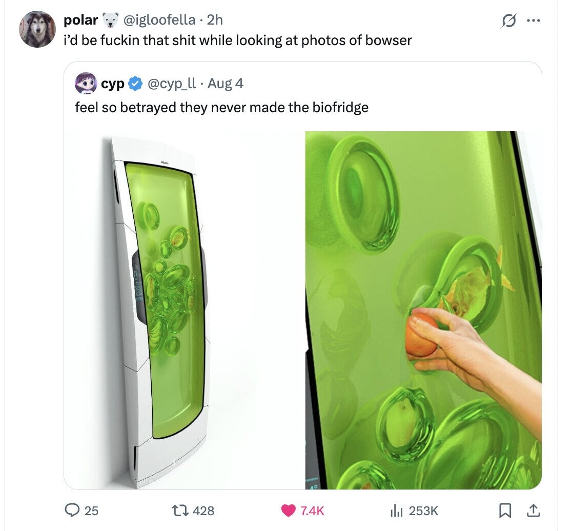 @igloofella. 2h polar O ... i'd be fuckin that shit while looking at photos of bowser @cyp_ll. Aug 4 сур feel so betrayed they never made the biofridge 428 25 7.4K 253K 