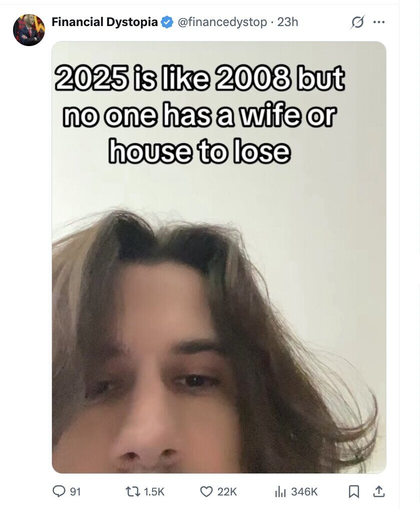 Financial Dystopia @financedystop - 23h s ... 2025 is like 2008 but no one has a wife or house to lose 91 1.5K 22K del 346K
