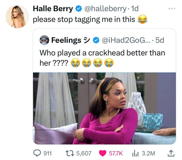 Halle Berry @halleberry 1d ... please stop tagging me in this Feelings a) @iHad2GoG.... 5d Who played a crackhead better than her ???? 911 5,607 57.7K 3.2M 