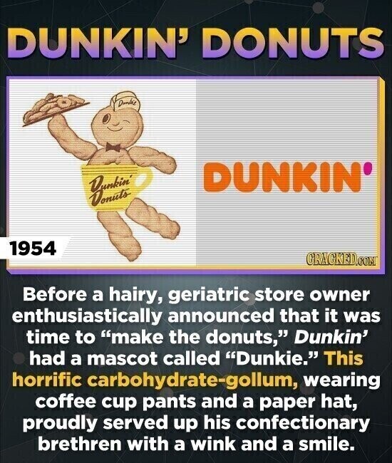 DUNKIN' DONUTS Dimbit DUNKIN' Dunkin' Donuts 1954 GRAGKED.COM Before a hairy, geriatric store owner enthusiastically announced that it was time to make the donuts, Dunkin' had a mascot called Dunkie. This horrific carbohydrate-gollum, wearing coffee cup pants and a paper hat, proudly served up his confectionary brethren with a wink and a smile.