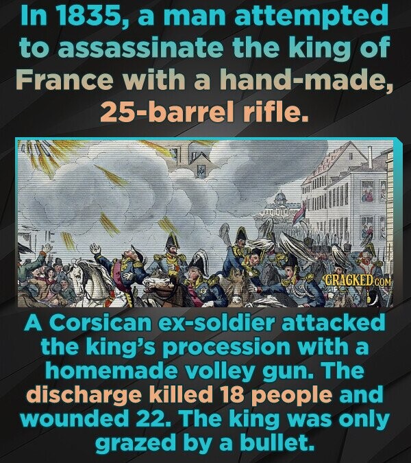 In 1835, a man attempted to assassinate the king of France with a hand-made, 25-barrel rifle. GRAGKED COM A Corsican ex-soldier attacked the king's procession with a homemade volley gun. The discharge killed 18 people and wounded 22. The king was only grazed by a bullet.