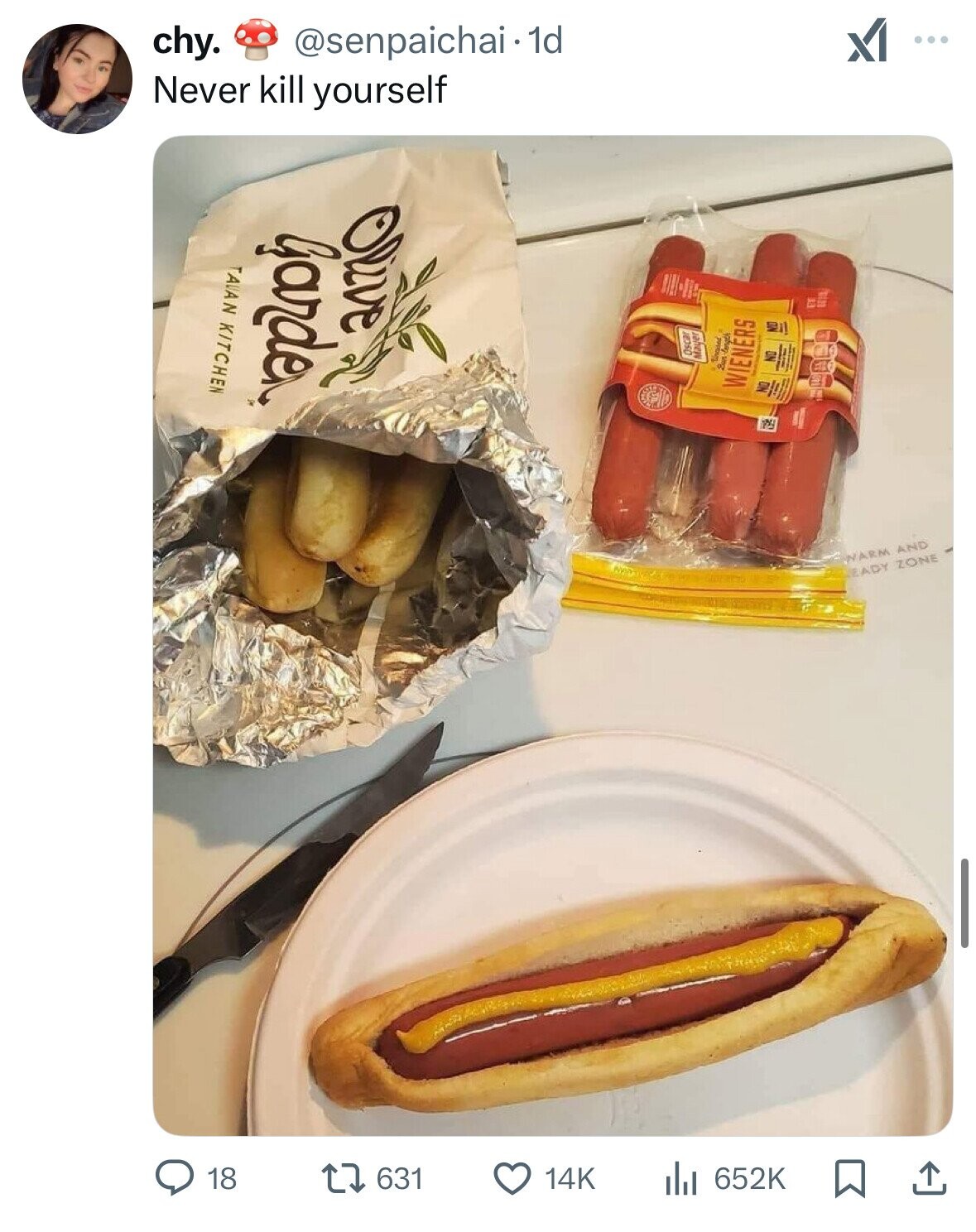 chy. @senpaichai.1d XI ... Never kill yourself Olive Garden TALAN KITCHEN E NO Oscar Mayer NO tirested Bur -ength WIENERS NO W WARM AND EADY ZONE 18 631 14K 652K 