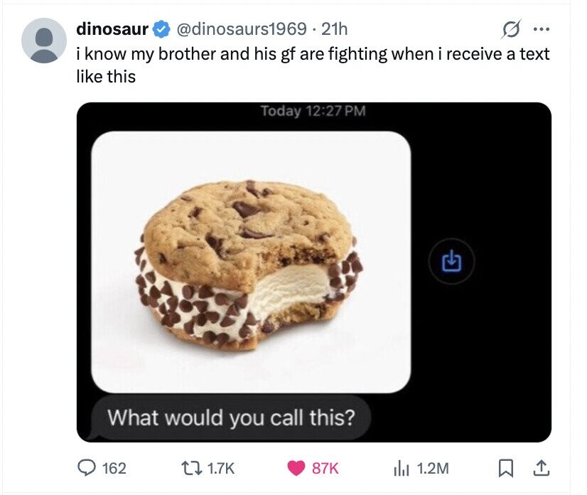 dinosaur @dinosaurs1969.21h ... i know my brother and his gf are fighting when i receive a text like this Today 12:27 PM What would you call this? 162 1.7K 87K del 1.2M