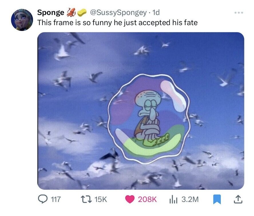 Sponge @SussySpongey - 1d ... This frame is so funny he just accepted his fate 117 15K 208K 3.2M 