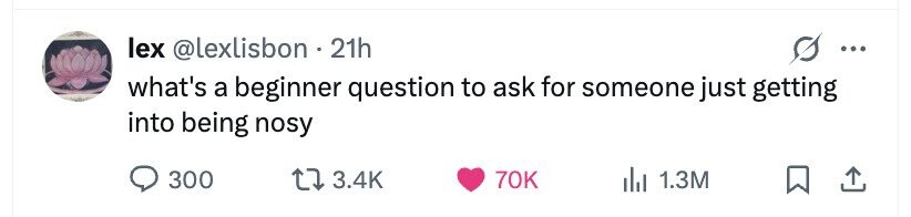 lex @lexlisbon 21h ... what's a beginner question to ask for someone just getting into being nosy 300 3.4K 70K 1.3M