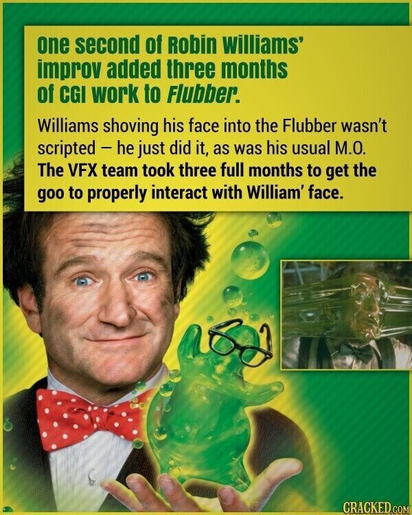 one second of Robin williams' improv added three months of CGI work to Flubber. Williams shoving his face into the Flubber wasn't scripted - he just did it, as was his usual М.О. The VFX team took three full months to get the goo to properly interact with William' face. CRACKED.COM