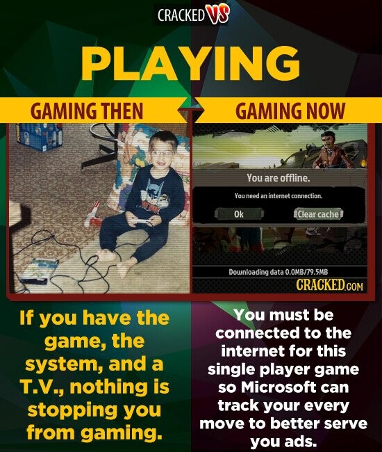 CRACKED V3 PLAYING GAMING THEN GAMING NOW You are offline. You need an internet t connection. Ok Clear cache Downloading data .OMB/79.5MB CRACKED.COM If you have the You must be connected the to the game, internet for this system, and a single player game T.V., nothing is so Microsoft can stopping you track your every to better from move serve gaming. you ads.