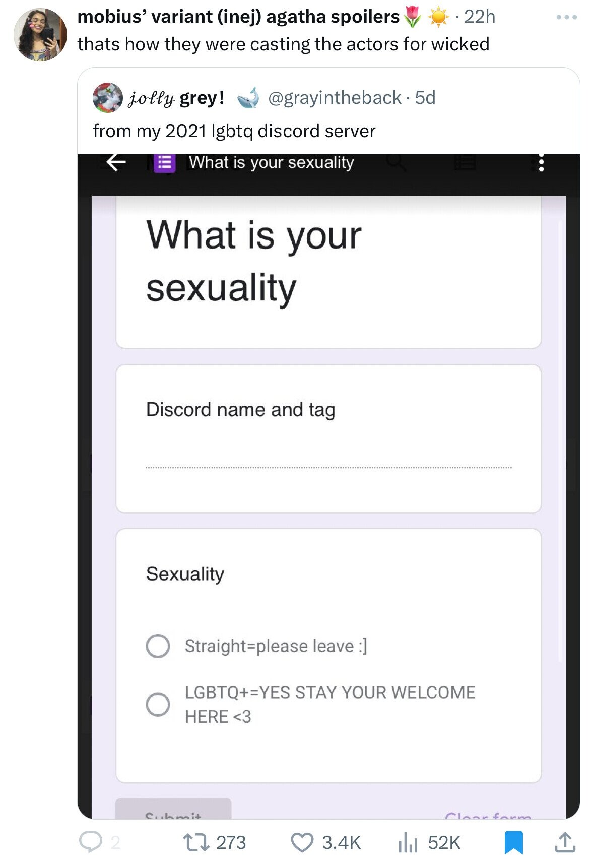 mobius' variant (inej) agatha spoilers 22h thats how they were casting the actors for wicked @grayintheback-5 5d jolly grey! from my 2021 lgbtq discord server What is your sexuality What is your sexuality Discord name and tag Sexuality Straight-please leave :] LGBTQ+=YES STAY YOUR WELCOME HERE <3 Submit Clenrform 2 273 3.4K 52K 