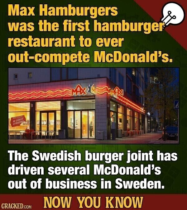 Max Hamburgers was the first hamburger restaurant to ever out-compete McDonald's. MAX - = SÁNCER и FRIENDS The Swedish burger joint has driven several McDonald's out of business in Sweden. NOW YOU KNOW CRACKED.COM