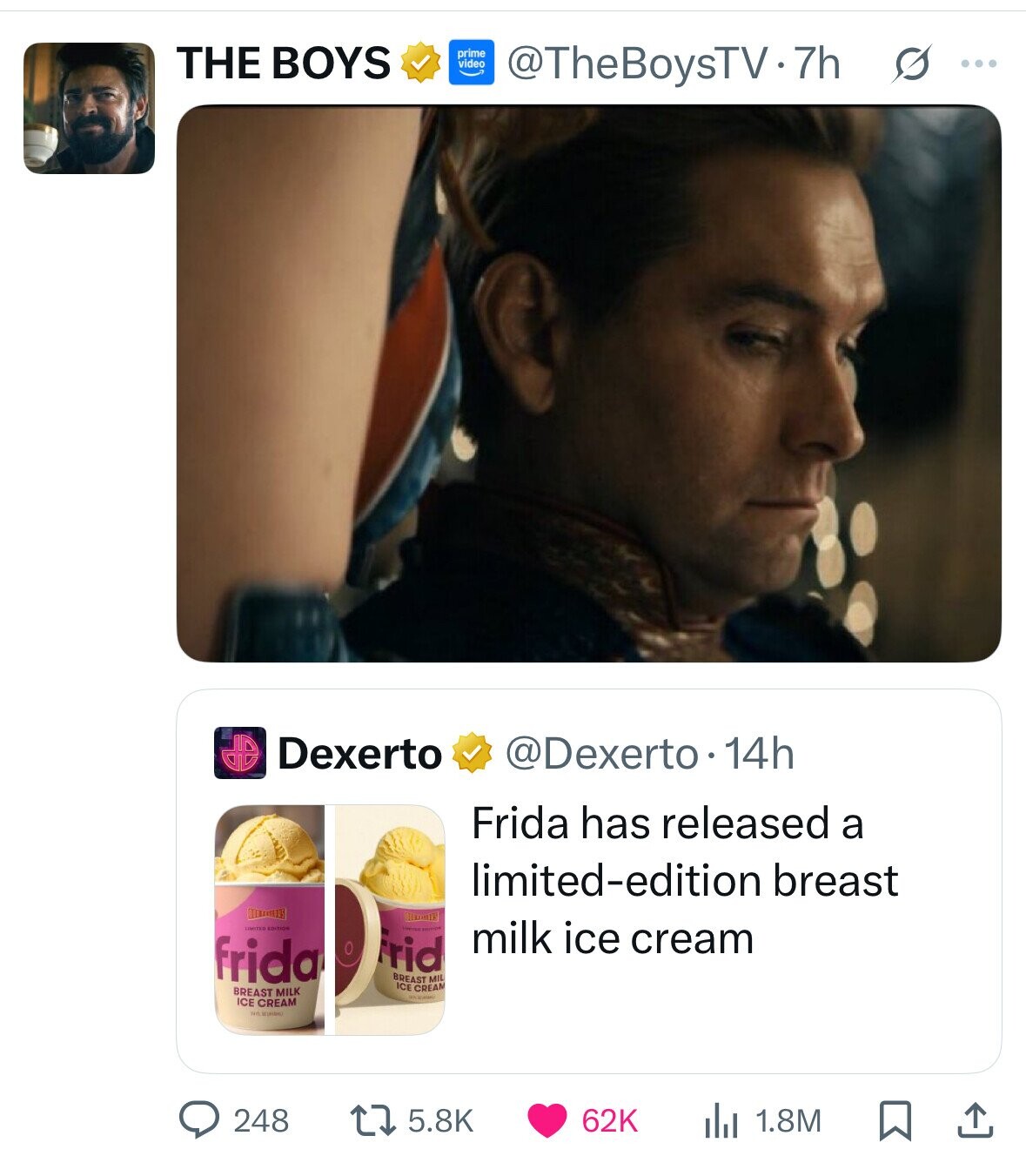 THE BOYS prime video @TheBoysTV.7h s .... Dexerto @Dexerto.14h Frida has released a limited-edition breast LIMITED EDITION - milk ice cream Frid frida BREAST MIL ICE CREAM BREAST MILK ICE CREAM 248 5.8K 62K 1.8M 