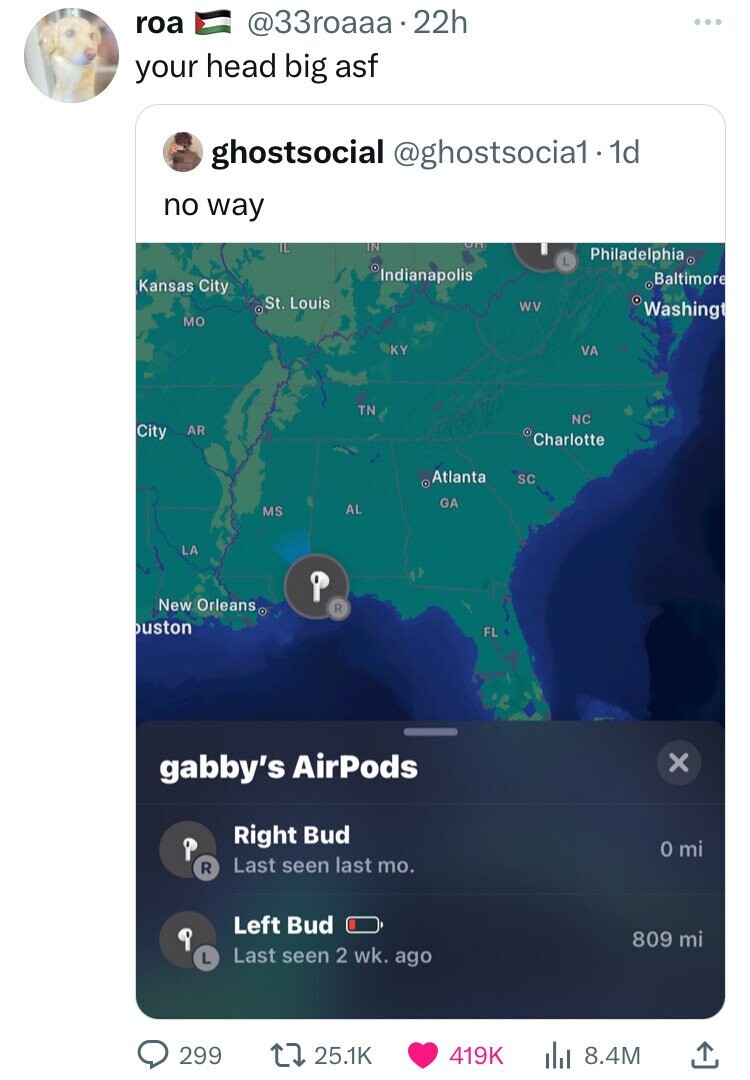 roa @33roaaa 22h your head big asf ghostsocial @ghostsocia1.1d no way IL IN Philadelphia L Indianapolis Baltimore Kansas City St. Louis WV Washingt MO BAG KY VA TN NC City AR Charlotte o Atlanta SC GA MS AL LA New Orleanso R uston FL gabby's AirPods x Right Bud o mi Last seen last mo. R Left Bud 9 809 mi Last seen 2 wk. ago L 299 25.1K 419K 8.4M