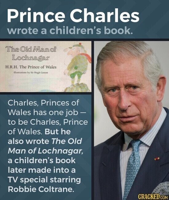 Prince Charles wrote a children's book. The Old Man of Lochnagar H.R.H. The Prince of Wales Illustrations by Sir Hugh Casson Charles, Princes of Wales has one job - to be Charles, Prince of Wales. But he also wrote The Old Man of Lochnagar, a children's book later made into a TV special starring Robbie Coltrane. CRACKED.COM