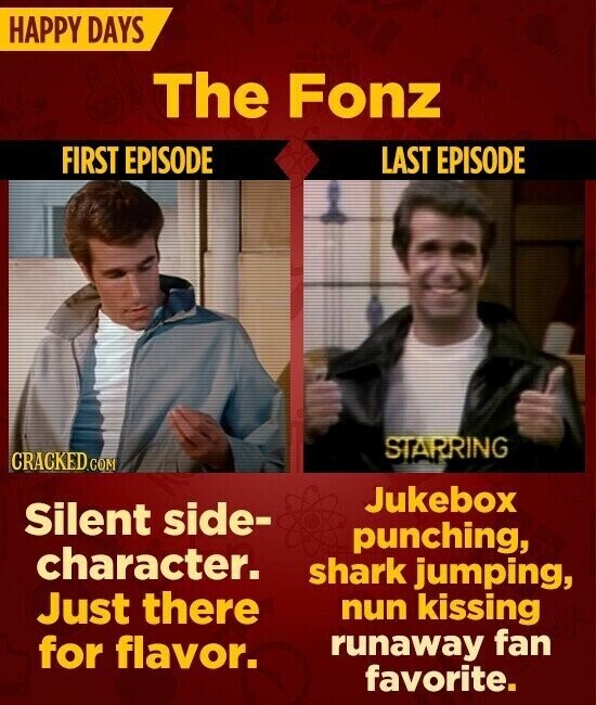 HAPPY DAYS The Fonz FIRST EPISODE LAST EPISODE STARRING CRACKED.COM Jukebox Silent side- punching, character. shark jumping, Just there nun kissing for flavor. runaway fan favorite.