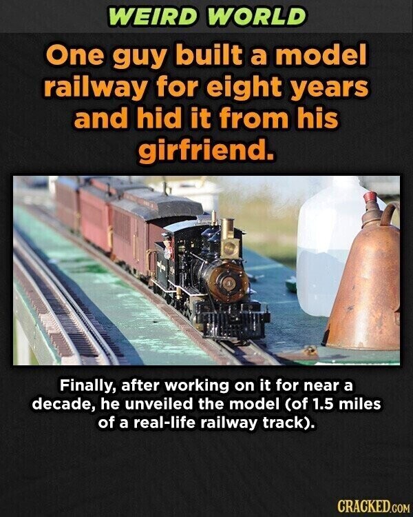 WEIRD WORLD One guy built a model railway for eight years and hid it from his girfriend. Finally, after working on it for near a decade, he unveiled the model (of 1.5 miles of a real-life railway track). CRACKED.COM