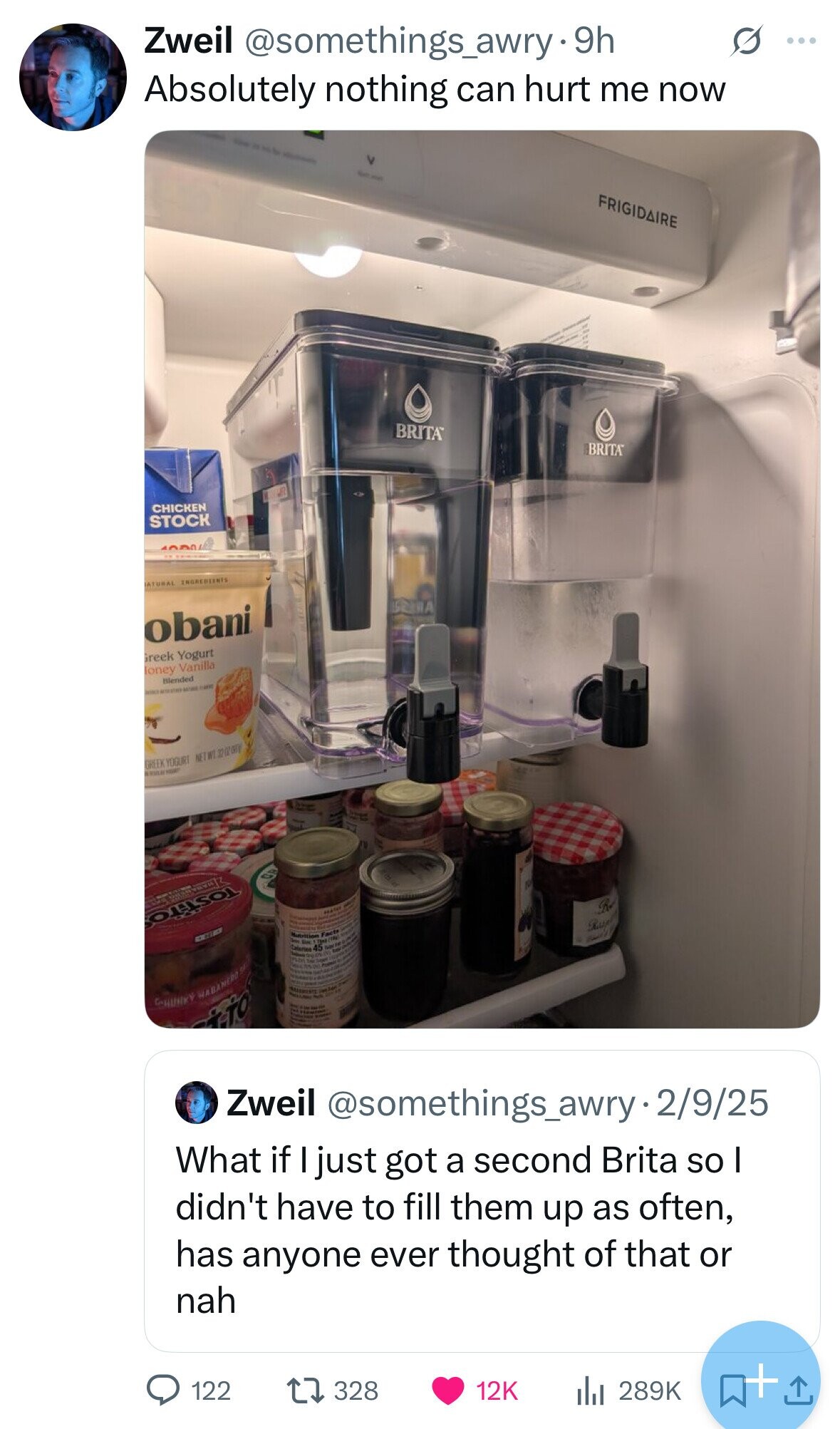 Zweil @somethings_awry.9h S ... Absolutely nothing can hurt me now - - FRIGIDAIRE BRITA BRITA CHICKEN STOCK 1000 ATURAL INGREDIENTS SERIA obani Greek Yogurt loney Vanilla Blended MORE - GREEK YOGURT SKILL HEART B Rasp الاسماد HUNKY HABANERO tio Zweil @somethings_awry-219125 What if I just got a second Brita so I didn't have to fill them up as often, has anyone ever thought of that or nah + 122 328 12K 289K 