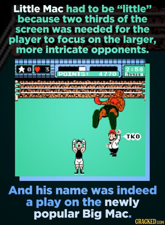 Little Mac had to be little because two thirds of the screen was needed for the player to focus on the larger, more intricate opponents. 3 2:58 POINTS 4770 Rounos TKO And his name was indeed a play on the newly popular Big Mac. CRACKED.COM