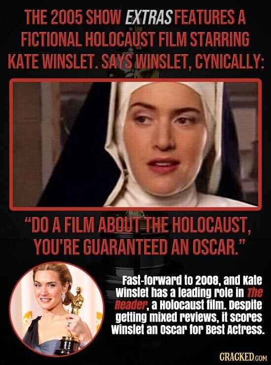 THE 2005 SHOW EXTRAS FEATURES A FICTIONAL HOLOCAUST FILM STARRING KATE WINSLET. SAYS WINSLET, CYNICALLY: DO A FILM ABOUT THE HOLOCAUST, YOU'RE GUARANTEED AN OSCAR. Fast-forward to 2008, and Kate winslet has a leading role in The Reader, a Holocaust film. Despite getting mixed reviews, it scores winslet an Oscar for Best Actress. CRACKED.COM
