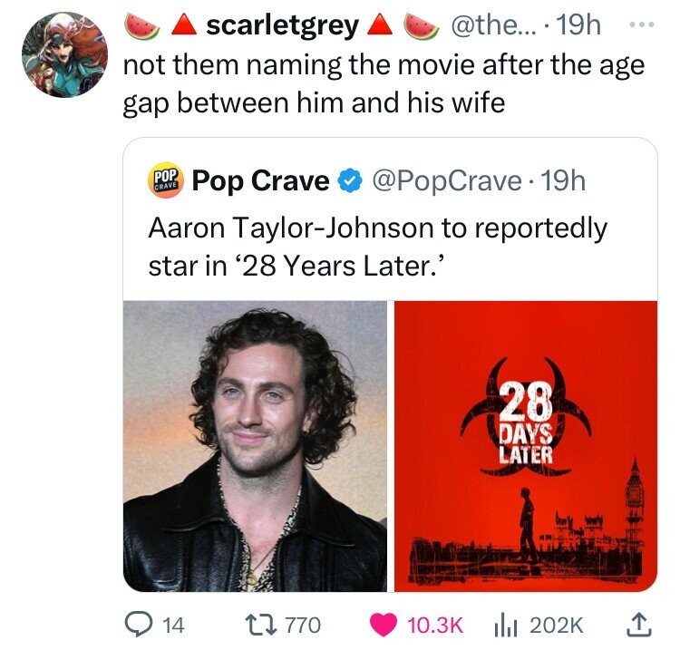 scarletgrey @the... 19h ... not them naming the movie after the age gap between him and his wife POP CRAVE Pop Crave @PopCrave.19h Aaron Taylor-Johnson to reportedly star in '28 Years Later.' 28 DAYS LATER 14 770 10.3K 202K 