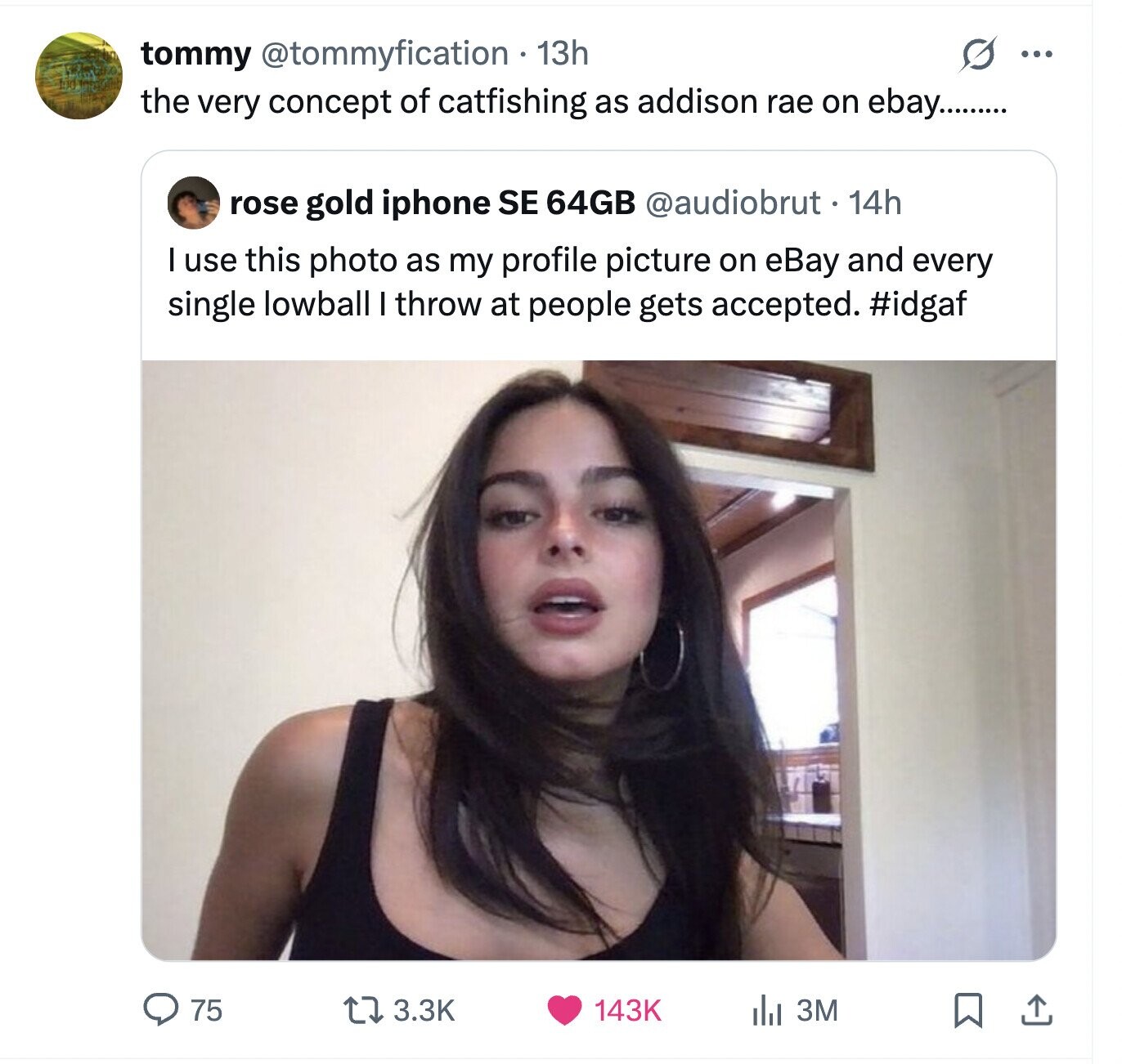 tommy @tommyfication 13h ... the very concept of catfishing as addison rae on ebay......... rose gold iphone SE 64GB @audiobrut. 14h I use this photo as my profile picture on eBay and every single lowball I throw at people gets accepted. #idgaf 75 3.3K 143K del 3M