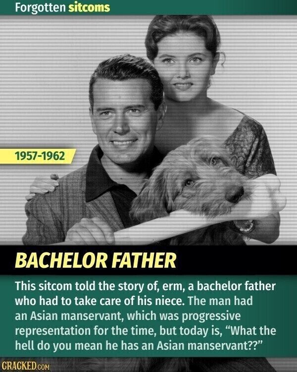 Forgotten sitcoms 1957-1962 BACHELOR FATHER This sitcom told the story of, erm, a bachelor father who had to take care of his niece. The man had an Asian manservant, which was progressive representation for the time, but today is, What the hell do you mean he has an Asian manservant?? CRACKED.COM