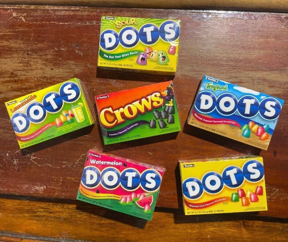 Tootsie SOUR DOTS . The Dot That Bites Back! - NETWT 6 OZ (170 g) MN 42 PIECES II Toolsie W Tropical Tootzle . Tootsie Lemonade Assorted DOT'S ® DOTORS S I - i Assorted Tropical Flavored Gumdrops - - - ASTROALLY Crows NET WT 6.5 oz (184 GZ (MAN 47 PIECES) PLAYERED MA Assorted Fruit Flavored Gumdrops Licorice Flavored Gumdrops - wall - you NET WT 6 S OZ (184 g) BARN 47 MEDES NET WT 6.S OZ (184 g) (MIN 47 PIEDEST - N Tootsie Watermelon D O T S Tootsie Watermelon Flavored Gummy Candy ANFORCE Pieces NET WT 6.5 OZ (164 RJ new 47 PIECES) MADE DOTS ..
