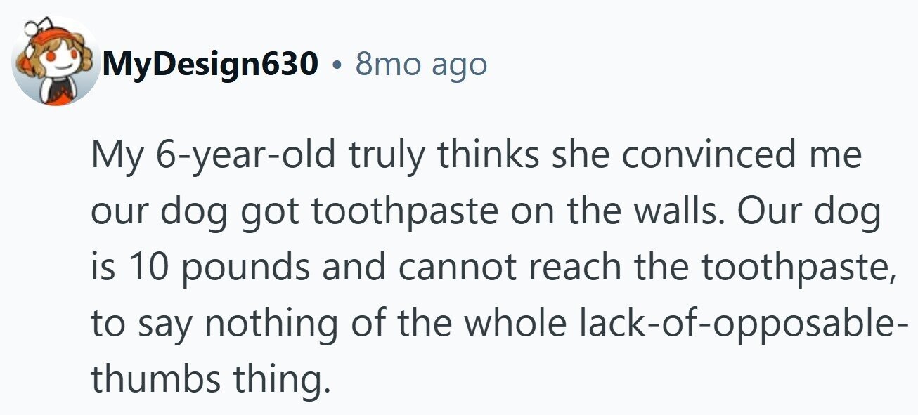 MyDesign630 . 8mo ago My 6-year-old truly thinks she convinced me our dog got toothpaste on the walls. Our dog is 10 pounds and cannot reach the toothpaste, to say nothing of the whole lack-of-opposable- thumbs thing.