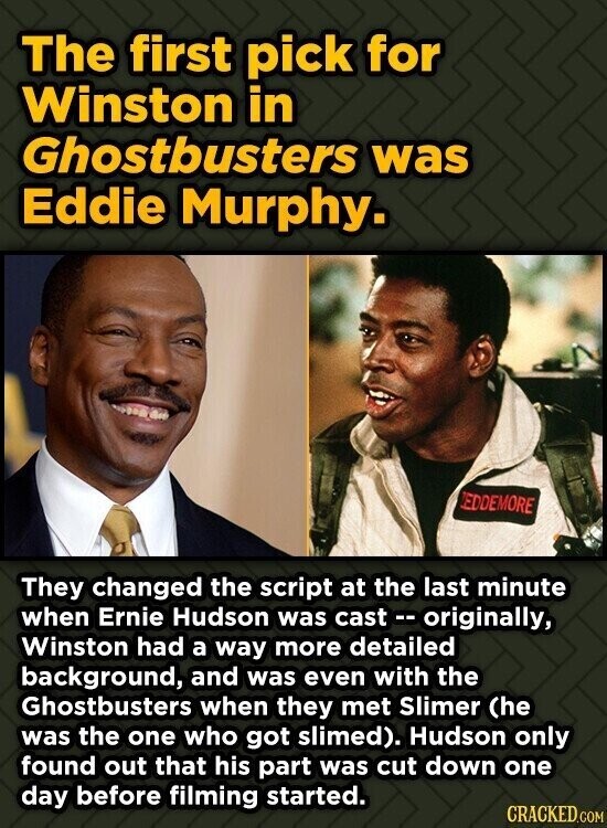 The first pick for Winston in Ghostbusters was Eddie Murphy. EDDEMORE They changed the script at the last minute when Ernie Hudson was cast - originally, Winston had a way more detailed background, and was even with the Ghostbusters when they met Slimer (he was the one who got slimed). Hudson only found out that his part was cut down one day before filming started. CRACKED.COM