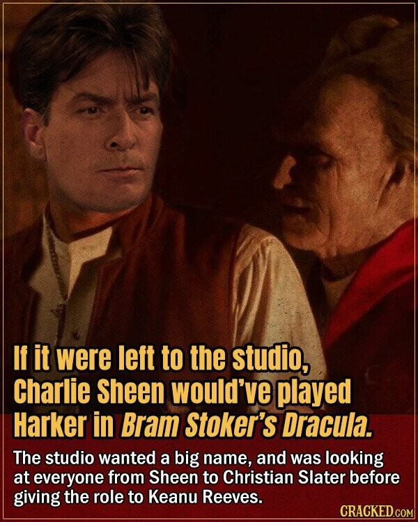 If it were left to the studio, Charlie Sheen would've played Harker in Bram Stoker's Dracula. The studio wanted a big name, and was looking at everyone from Sheen to Christian Slater before giving the role to Keanu Reeves. CRACKED.COM
