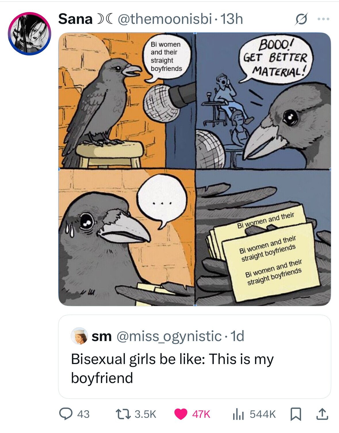 Sana )( @themoonisbi.13h O ... Bi women BOOO! and their GET BETTER straight boyfriends MATERIAL! Bi women and their Bi women and their straight boyfriends Bi women and their straight boyfriends sm @miss_ogynistic•1 1d Bisexual girls be like: This is my boyfriend 43 3.5K 47K 544K 