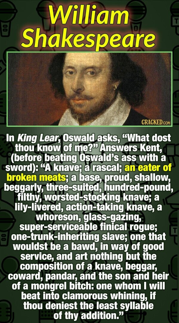 William T Shakespeare CRACKED.COM In King Lear, Oswald asks, What dost thou know of me? Answers Kent, (before beating Oswald's ass with a sword): A knave; a rascal; an eater of broken meats; a base, proud, shallow, beggarly, three-suited, hundred-pound, filthy, worsted-stocking knave; a lily-livered, action-taking knave, a whoreson, glass-gazing, super-serviceable finical rogue; T one-trunk-inheriting slave; one that wouldst be a bawd, in way of good service, and art nothing but the composition of a knave, beggar, coward, pandar, and the son and heir of a mongrel bitch: one whom I will beat into clamorous whining, if thou deniest the