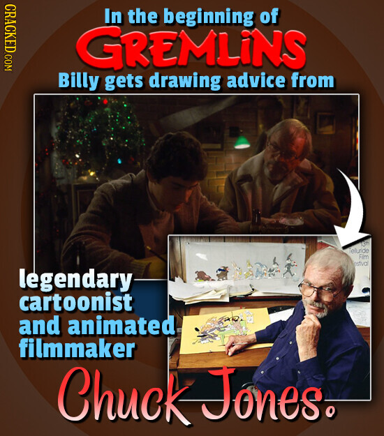 CRACKED.COM In the beginning of GREMLINS Billy gets drawing advice from 3m Telluride Film estival legendary cartoonist and animated filmmaker Chuck Jones.