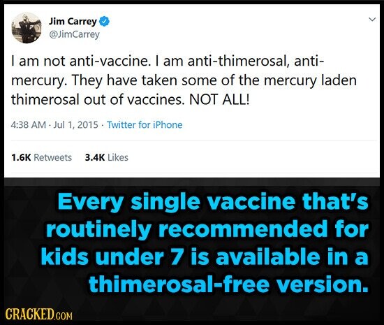 Jim Carrey @JimCarrey I am not anti-vaccine. I am anti-thimerosal, anti- mercury. They have taken some of the mercury laden thimerosal out of vaccines. NOT ALL! 4:38 AM Jul 1, 2015 Twitter for iPhone 1.6K Retweets 3.4K Likes Every single vaccine that's routinely recommended for kids under 7 is available in a thimerosal-free version. CRACKED.COM