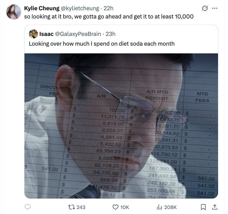 G ... Kylie Cheung @kylietcheung 22h so looking at it bro, we gotta go ahead and get it to at least 10,000 Isaac @GalaxyPeaBrain 2 23h Looking over how much I spend on diet soda each month DISCOUNTS A/R MTD MTD FEE DEPOSIT FEES A/R 00 $ $ 102.00 102.00 $ B $ 11,371.75 $ 1,473.75 O $ $ 8,291.75 $'$ 6,818.00 7 $ 2,558.07 $ 20,849.82 $ $ 4,691.49 $ 25,541.31 $ $ 5,432.52 $ 30,973.83 $ $ 85,756.29 $ 116,730.12 $ $ 8,550.97 $ 125,281.09 $ $ 62,109.25 $ 187,390.34 $ $ 541.02 $ 54,102.00 $ 241,492.34 $ 541.02 $ 