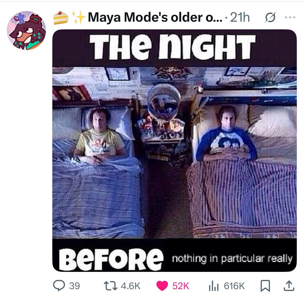 s ... Maya Mode's older о... 21h THE nIGHT BEFORE nothing in particular really 39 4.6K 52K 616K 