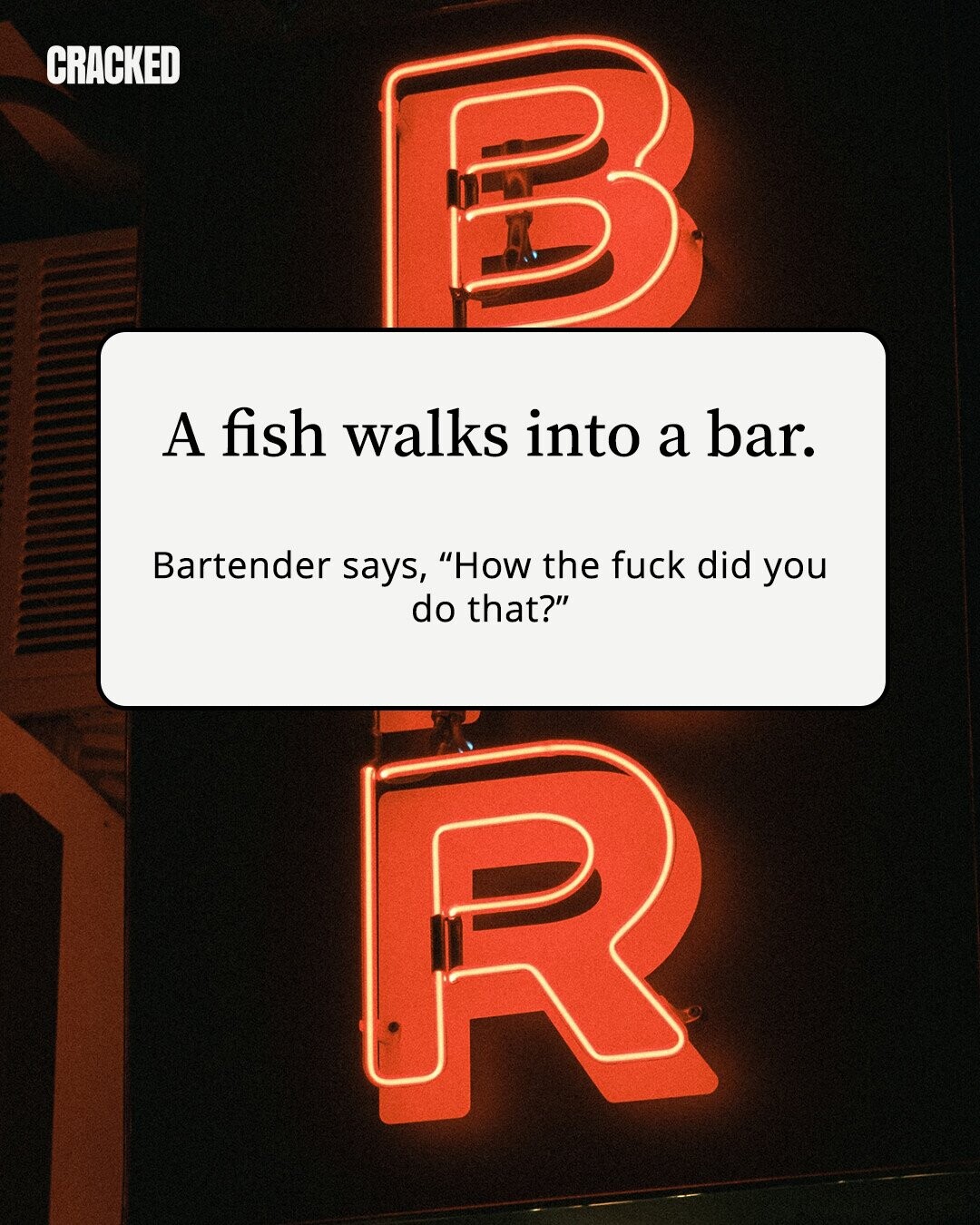 CRACKED A fish walks into a bar. Bartender says, How the fuck did you do that?