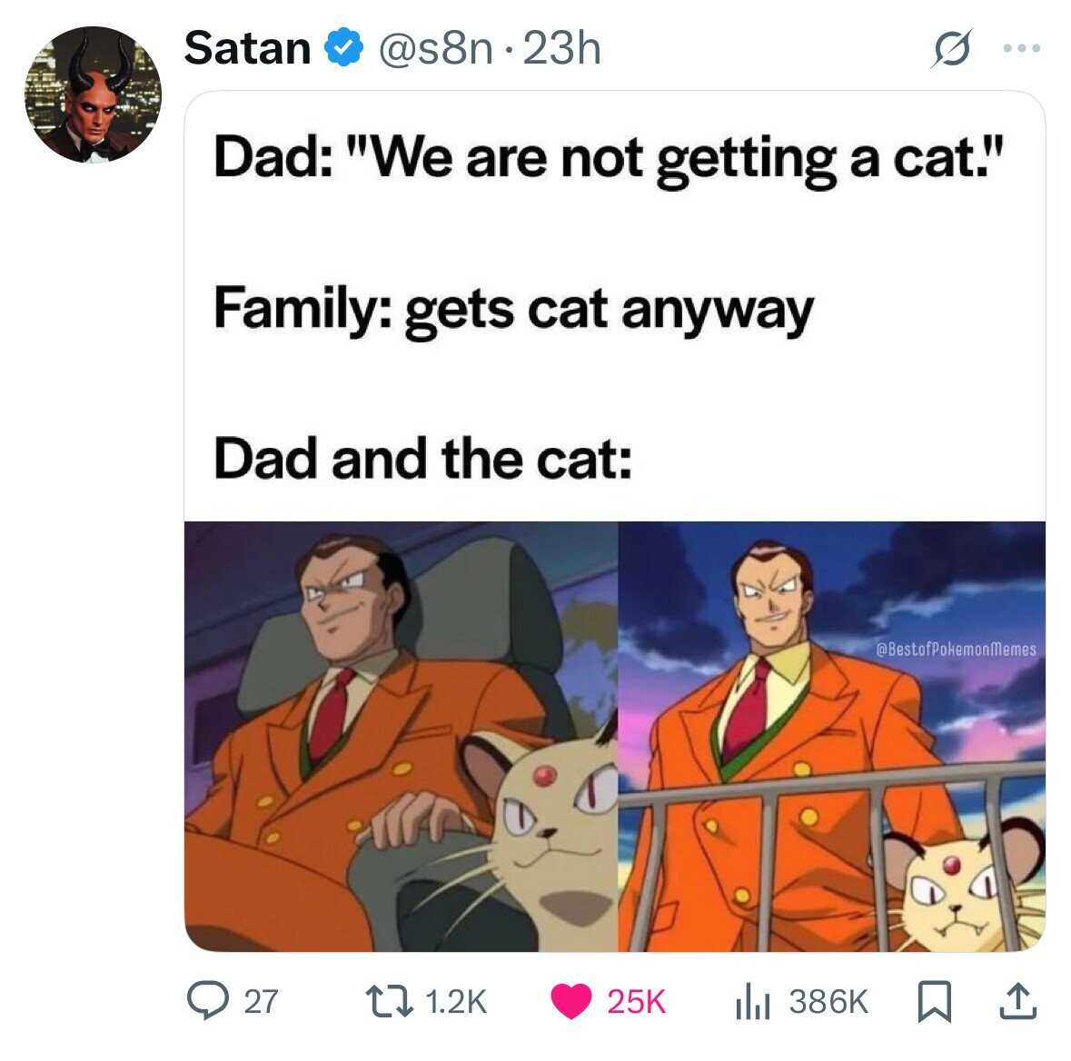 Satan @s8n.23h ... Dad: We are not getting a cat. Family: gets cat anyway Dad and the cat: @BestofPokemonMemes 1.2K 25K 386K 27 