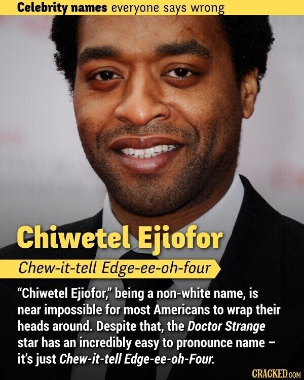Celebrity names everyone says wrong Chiwetel Ejiofor Chew-it-tell Edge-ee-oh-four Chiwetel Ejiofor, being a non-white name, is near impossible for most Americans to wrap their heads around. Despite that, the Doctor Strange star has an incredibly easy to pronounce name - it's just Chew-it-tell Edge-ee-oh-Four. CRACKED.COM