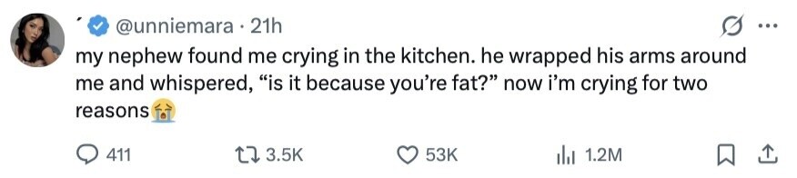 @unniemara 21h ... my nephew found me crying in the kitchen. he wrapped his arms around me and whispered, is it because you're fat? now i'm crying for two reasons 411 3.5K 53K 1.2M