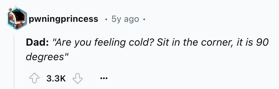 pwningprincess . 5y ago e Dad: Are you feeling cold? Sit in the corner, it is 90 degrees 3.3K ...