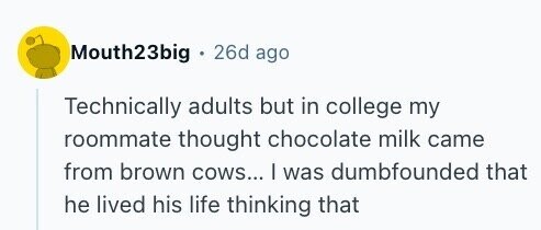Mouth23big 26d ago Technically adults but in college my roommate thought chocolate milk came from brown cows... | was dumbfounded that he lived his life thinking that