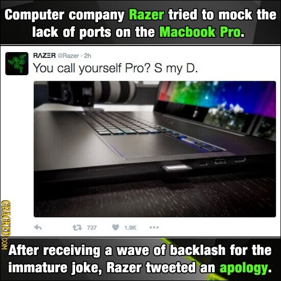 Computer company Razer tried to mock the lack of ports on the Macbook Pro. RAZER @Razer 2h You call yourself Pro? S my D. GRAGKED.COM 737 1.9K ... After receiving a wave of backlash for the immature joke, Razer tweeted an apology.