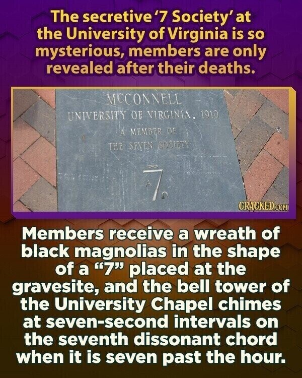 The secretive '7 Society' at the University of Virginia is so mysterious, members are only revealed after their deaths. MCCONNELL UNIVERSITY OF VIRGINIA. 1910 A MEMBER OF THE SEVEN SOCIETY 7 CRACKED.COM Members receive a wreath of black magnolias in the shape of a 7 placed at the gravesite, and the bell tower of the University Chapel chimes at seven-second intervals on the seventh dissonant chord when it is seven past the hour.