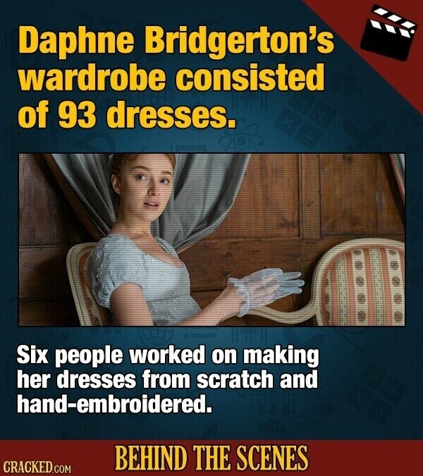 Daphne Bridgerton's wardrobe consisted of 93 dresses. Six people worked on making her dresses from scratch and hand-embroidered. BEHIND THE SCENES CRACKED.COM