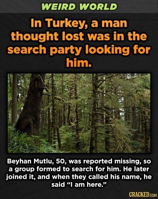 WEIRD WORLD In Turkey, a man thought lost was in the search party looking for him. Beyhan Mutlu, 50, was reported missing, so a group formed to search for him. Не later joined it, and when they called his name, he said I am here. CRACKED.COM